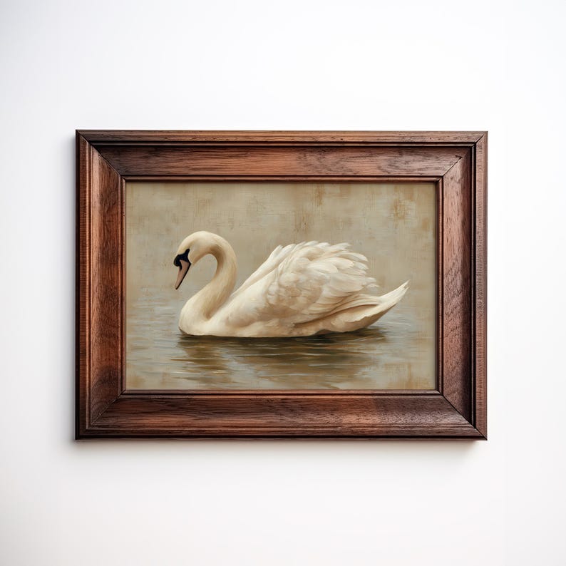 Digital painting of an elegant swan gliding across still water, depicted in soft beige and cream tones. The swan’s delicate feathers and graceful neck are highlighted in a minimal, vintage-inspired style ideal for printable wall art. This artwork conveys calmness and natural beauty, perfect for serene and neutral-themed home decor.