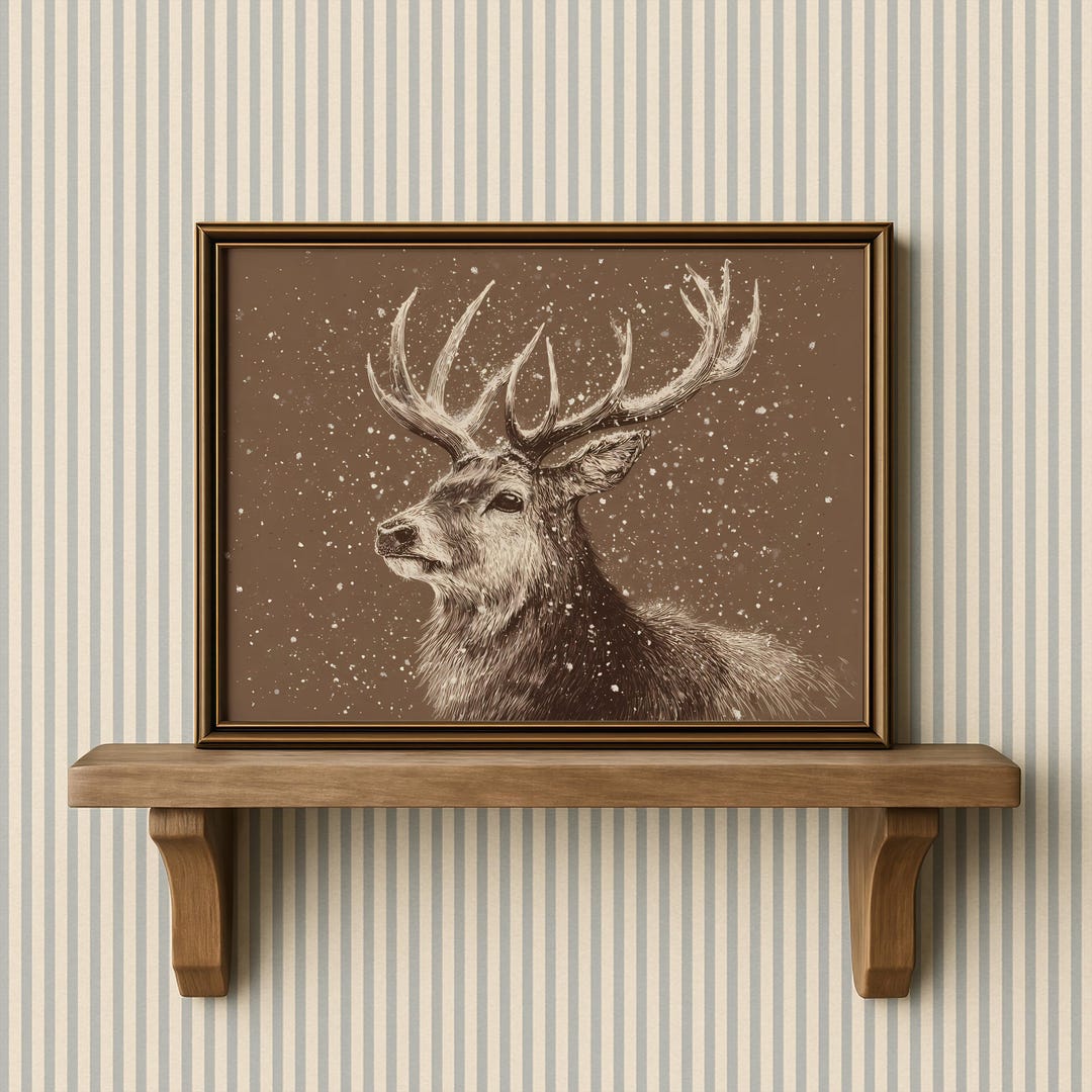 Snowy Deer Wall Art Rustic Winter Animal Print Brown Reindeer Artwork ...