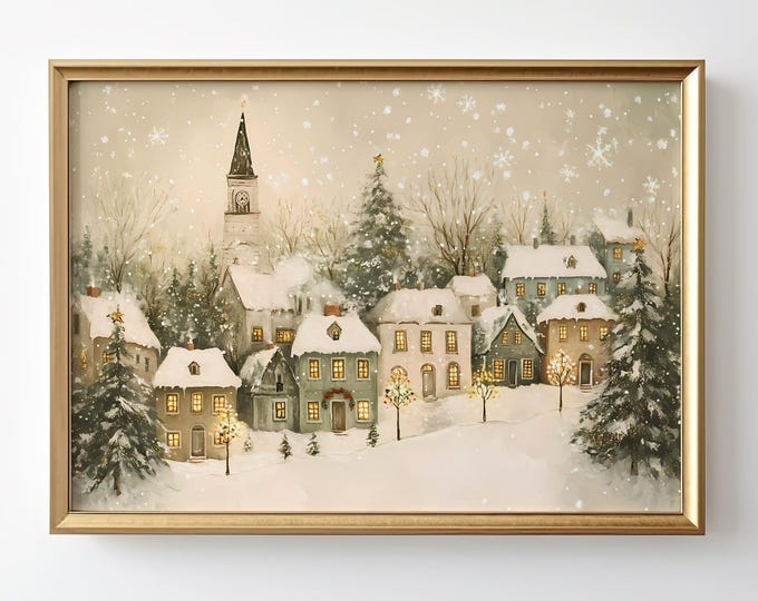 Cozy Christmas Village Printable Wall Art Winter Holiday Decor Snowy ...