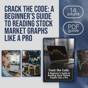 Może przedstawiać: Przewodnik dla początkujących po odczytywaniu wykresów giełdowych, zatytułowany "Crack the Code". Okładka przedstawia laptopa wyświetlającego wykres giełdowy, z dodatkowymi obrazami wykresów i osobą korzystającą z laptopa. Przewodnik ma 14 stron i jest dostępny w formacie PDF.