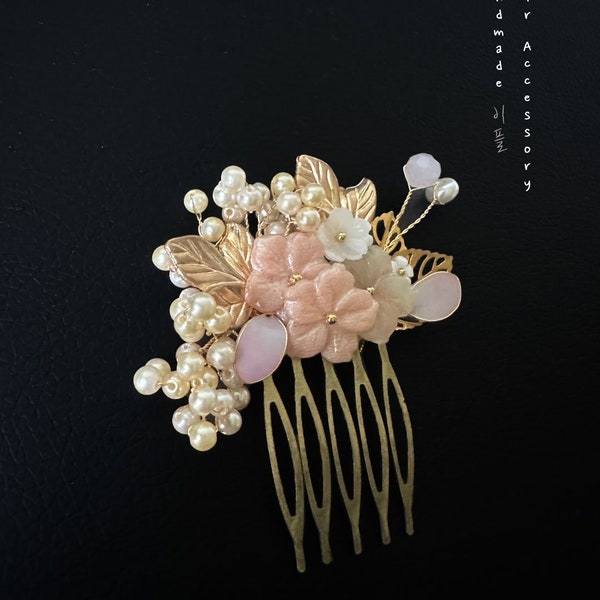 Traditional Korean Party Hair comb Flower Gold-tone Handmade Wedding Accessory