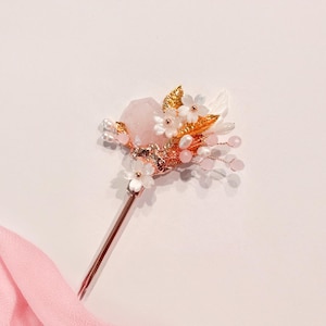 Handmade Traditional Korean Gold  tone Hair Stick Pin Pink Jade Stone White Flower Mother-of-pearl Beads Party Updo Hanbok Hair Accessory