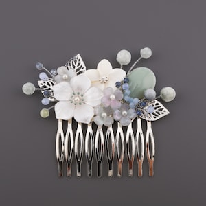 Traditional Korean Handmade Hair Comb Stick White Pearl, Blue Jade Beads Flower Hanbok Binyeo