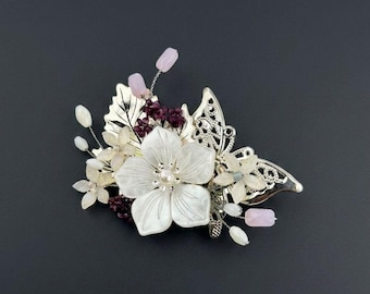 Traditional Korean Pink/Purple Flower Stone Beads Hanbok Hair Clip Pin Accessory