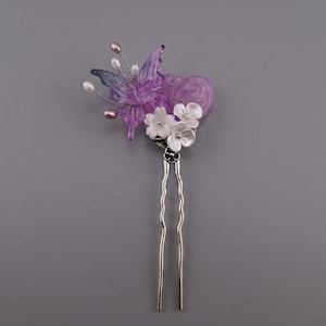 Traditional Korean Hair Stick Purple Lavender Stone Purple Butterfly White Flower Beads Binyeo