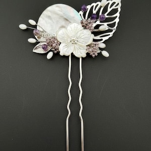 Traditional Korean Hair Comb Stick White Mother of Pearl Flowers Purple Hanbok Accessory Binyeo