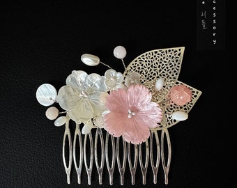 Handmade Traditional Korean Hair Comb Stick Pin Mother-of-pearl pink Flower Party Updo Hair Accessory