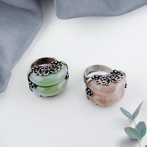 Traditional Korean Double Stacking Layered Pink Rose Quartz Green Jade Aventurine Stone Silver Plated Alloy Adjustable Ring Hanbok Accessory