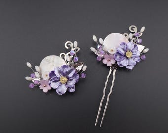 Traditional Korean Hair Stick Purple Lavender Flower Stone White Mother-of-pearl Beads Binyeo
