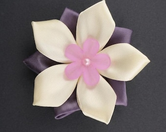 Traditional Korean Baessi Daenggi Purple Ivory Flower Hanbok Hair Clip Pin Accessory