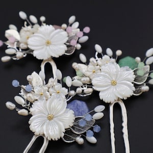 Handmade Traditional Korean Hair Comb Stick Pin White Mother-of-pearl Flower Blue, Pink Green Stone Beads Party Updo Hanbok Hair Accessory