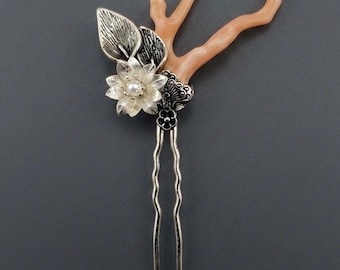 Horquilla tradicional coreana para el cabello, color coral melocotón, tono plata antigua, aleación de flores, Hanbok Binyeo