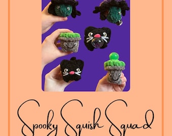 Spooky Squish Squad, seria 2 | Halloween | Wzór na szydełkowe amigurumi | Bez szycia | Czarownica | Kot | Kociołek | Piłeczka antystresowa