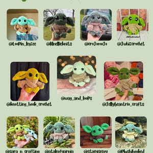 May include: A selection of handmade crochet dolls, each resembling a character with large ears and a robe. The dolls are in various colours, including green, brown, and yellow. The text "Tester Appreciation" is at the top.