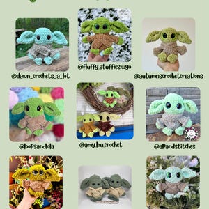 May include: A collection of crocheted figures with large ears, in the style of a well-known character. The figures are in shades of green, brown, and grey. The text "Tester Appreciation" is at the top, with Etsy shop names below each figure.