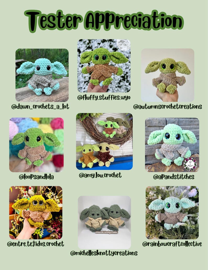 May include: A collection of crocheted figures with large ears, in the style of a well-known character. The figures are in shades of green, brown, and grey. The text "Tester Appreciation" is at the top, with Etsy shop names below each figure.