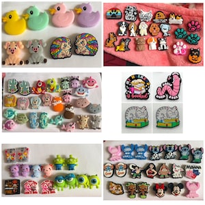 May include: A collection of colorful, small, rubber charms featuring various themes, including animals, books, and Disney characters. The charms are arranged in rows on a white background.