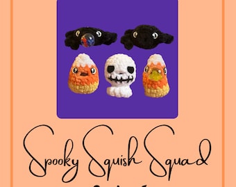 Spooky Sqish Squad, seria 1 | Halloween | Wzór szydełkowy amigurumi | Bez szycia | Pająk | Czaszka | Cukierki kukurydziane | Piłeczka antystresowa