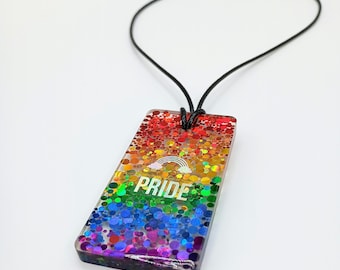 Epoxy resin PRIDE rainbow necklace Glitter pendant fun art iridescent colourful jewelry fun