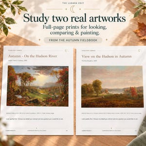 Two printable pages featuring artwork of Autumn on the Hudson River and View on the Hudson in Autumn.