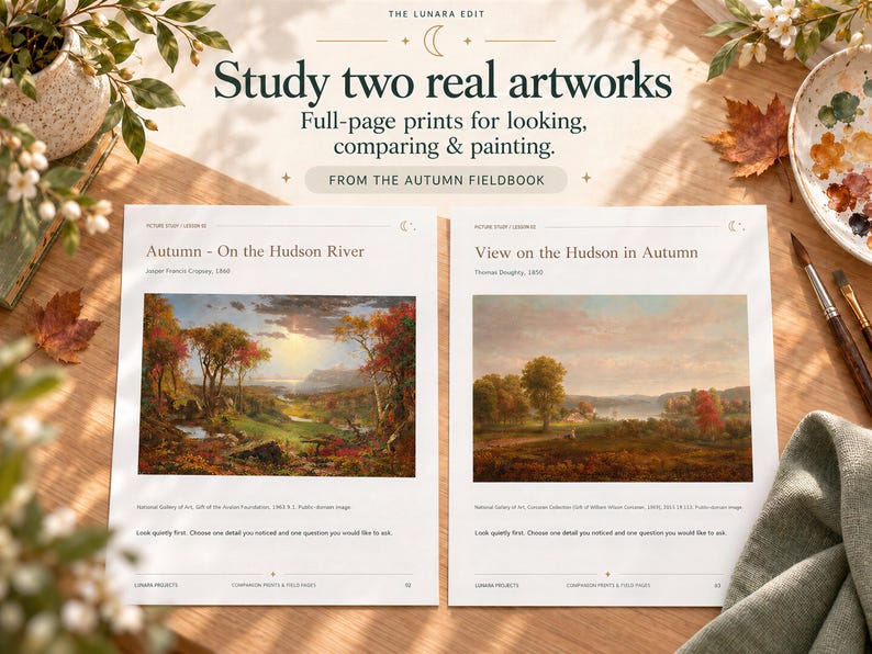 Two printable pages featuring artwork of Autumn on the Hudson River and View on the Hudson in Autumn.
