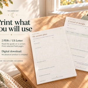Two printable pages on a wooden desk titled My Autumn Place and A Record of Daylight.