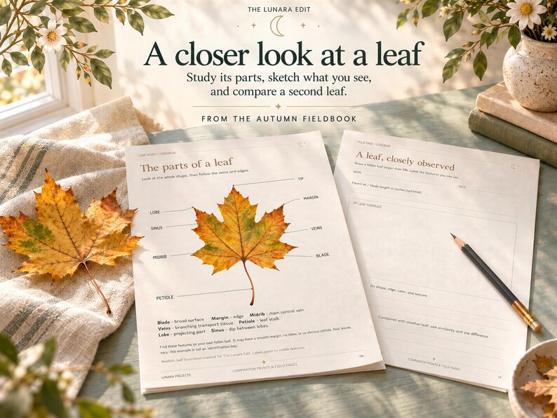 A printed leaf parts diagram with a real autumn leaf alongside a blank observation worksheet with a pencil.