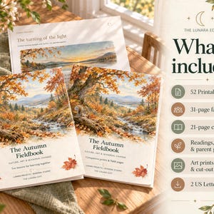 Two copies of The Autumn Fieldbook on a wooden desk surrounded by icons outlining the contents of the printable guide.