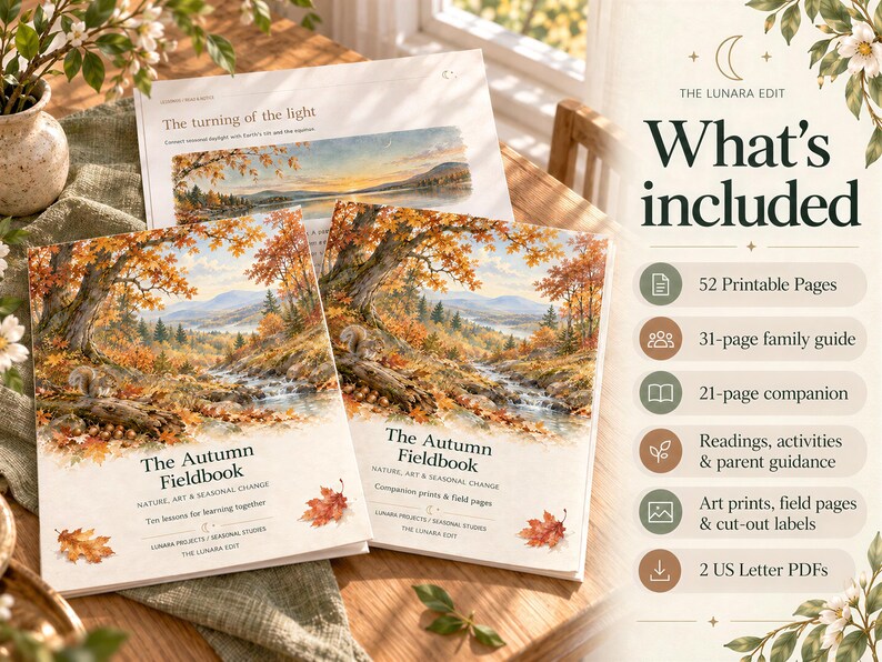 Two copies of The Autumn Fieldbook on a wooden desk surrounded by icons outlining the contents of the printable guide.
