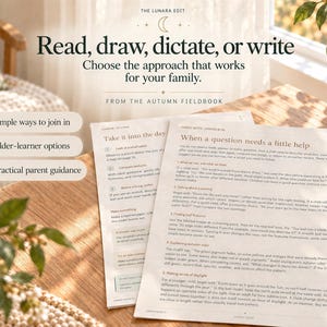 Open printable guide pages displaying lesson text, discussion questions, and tips for family learning.