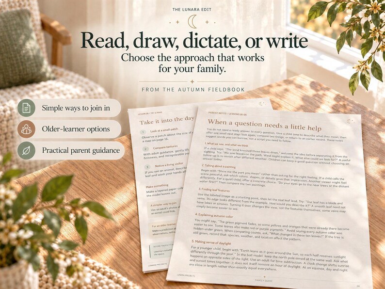 Open printable guide pages displaying lesson text, discussion questions, and tips for family learning.