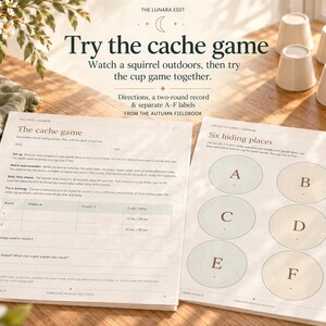 Two printable pages showing the cache game worksheet and cut-out labels with letters A through F.