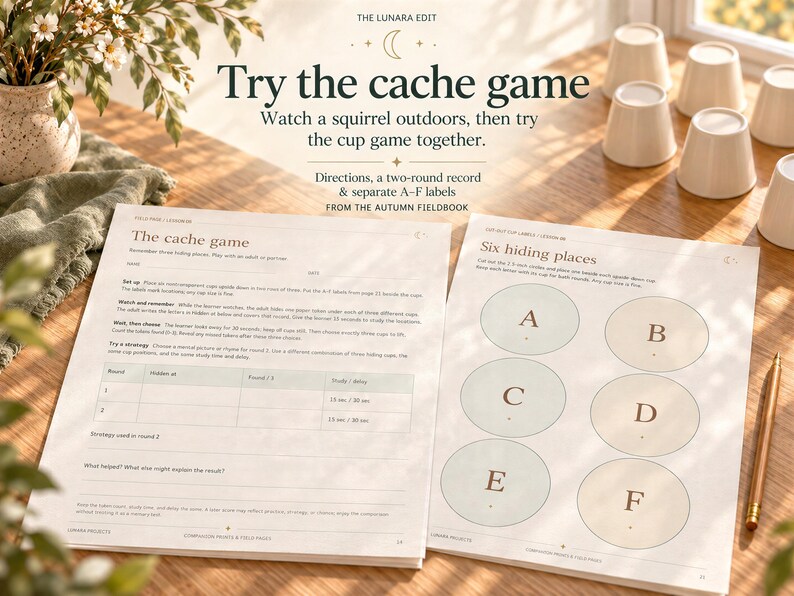 Two printable pages showing the cache game worksheet and cut-out labels with letters A through F.