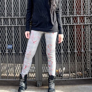 Upcycled Hand Painted Heart Design Pants |  Reworked Elastic Waist Trouser Rework | Sustainable Valentines Day Slacks | Love Themed Clothing