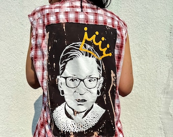 Ruth Bader Ginsburg Upcycled Tank Top Vest | Reworked Notorious RBG Justice Crown Feminist Button Down | Unique Bleach Splatter Streetwear