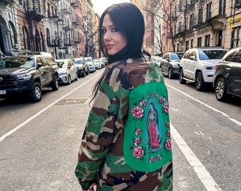 Upcycled Fatigue Jacket | Roses + Virgin Mary Catholic Rosary Design | Camo Military Issued Coat |One of a Kind NYC Edgy Army Streetwear Art