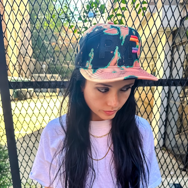 Upcycled Baseball Cap | Bleach Splattered + Puff Paint Outlined Wearable Art | Rainbow Detail PVR Logo | Edgy Urban Street Style Trucker Hat