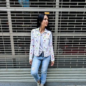 Upcycled Splatter Painted White Denim Jacket | Colorful One of a Kind Wearable Art Outerwear | Rainbow Splashed Jean Jacket | Unique Coat