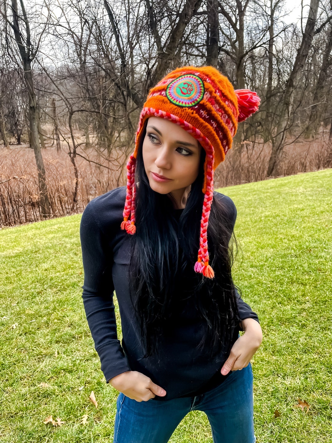 Orange Knit Toboggan Beanie Sanskrit Patch Gift for Yoga Lover Colorful Unique Winter