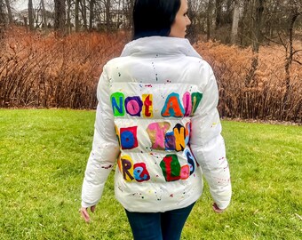 Not All Who Wander Are Lost Puffer Jacket | Hand Painted