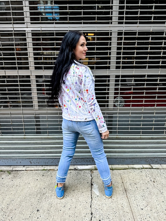 Upcycled Splatter Painted White Denim Jacket | Colorful One