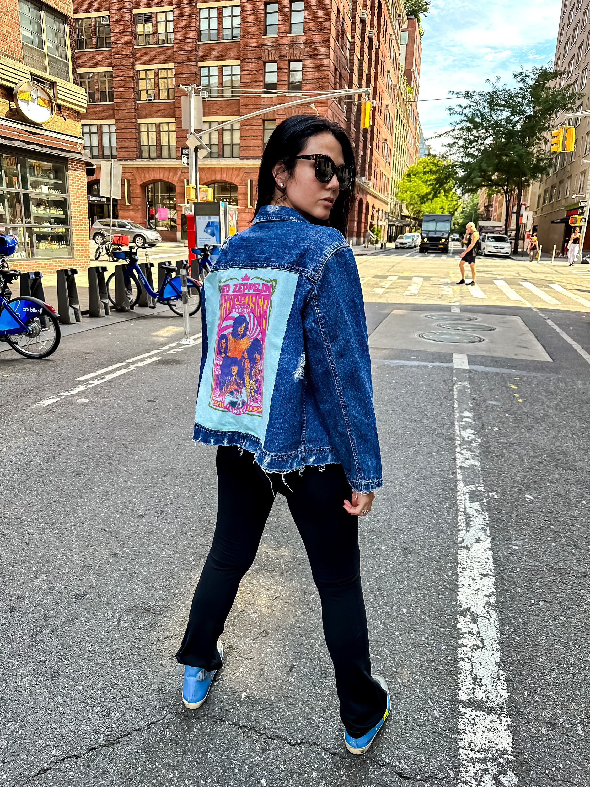 Upcycled Distressed Jean Jacket Led Zeppelin Denim Rework One of a Kind Music Themed Shirt Edgy Repurposed Band Tee Custom Clothing