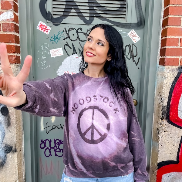 Upcycled Woodstock Bleach Dyed Sweatshirt | Gift for Music Lover | 1969 Hippie Festival Top Rework | Peace + Love | One of a Kind Streetwear