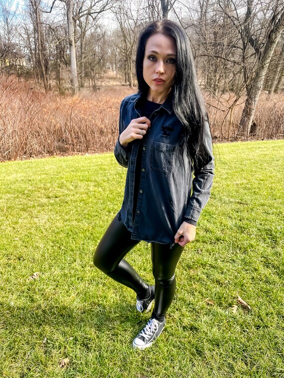 Distressed black denim shirt deals