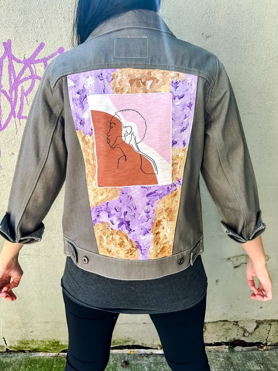 Grey Denim Levi s Hand Painted Lavender Details Beautiful Woman s Portrait Patch Upcycled One of a Kind Streetwear Edgy Jean Jacket Etsy