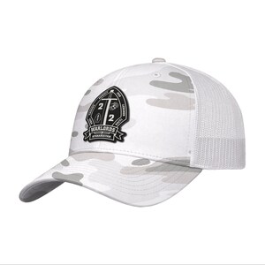 May include: White camouflage baseball cap with a mesh back. The cap features a black and white patch with the text "WARLORDS AFGHANISTAN" and the numbers "2". The cap is a trucker style.