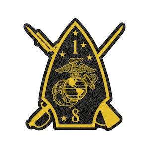 May include: A black and yellow patch featuring the number "1" above "8" and an eagle clutching a globe. The patch has a textured appearance and includes crossed swords and a rifle.
