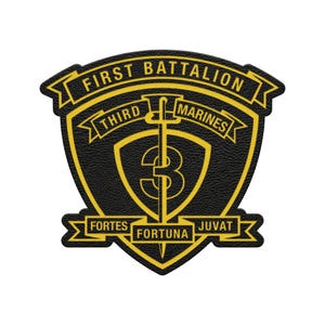 May include: A black and gold emblem featuring the text "FIRST BATTALION THIRD MARINES" and "FORTES FORTUNA JUVAT". The emblem has a shield shape with a sword and the number "3" in the center.