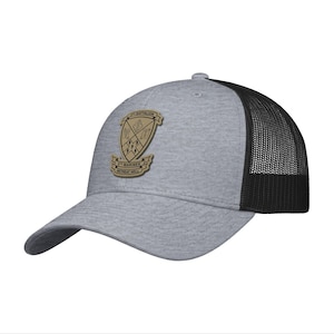 May include: A gray baseball cap with a black mesh back. The cap features a patch with the text "5th Battalion" and "5th Marines Retreat Hell" in a tan and gold color scheme. The cap has a curved brim.