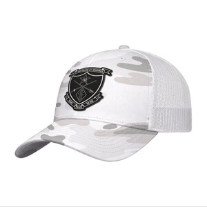 May include: White camouflage baseball cap with a mesh back. The front of the cap features a black and white emblem with text that reads "5th Battalion 5th Marines" and "Make Peace or Die."